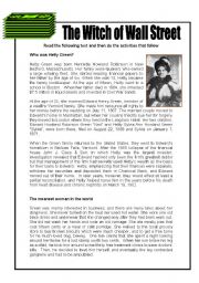 English Worksheet: Hetty Green, the Witch of Wall Street - 3 pages + key