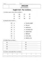 English worksheet: english test the numbers