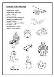 English Worksheet: Read and colour the toys