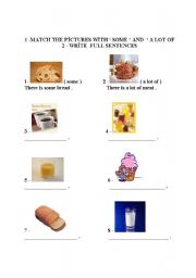 English worksheet: some  a lot of with uncountable food names