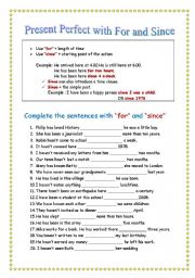 English Worksheet: for and since with present perfect