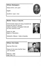 English Worksheet: PAST FORM OF THE VERB TO BE - SPEAKING ACTIVITY