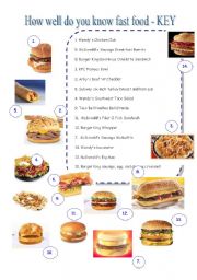 English Worksheet: HOW WELL DO YOU KNOW FAST FOOD - answer key