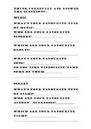 English worksheet: Favourites Test