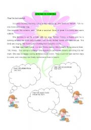 English worksheet: sprng is coning, reading + verbs, nound and adjectives identification