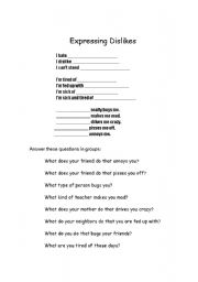 English worksheet: Dislikes