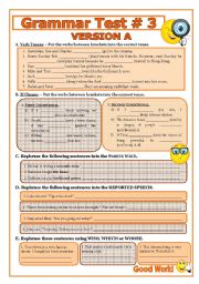 English Worksheet: Grammar Test # 3 - includes versions A and B