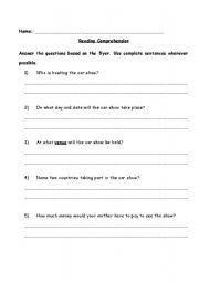 English worksheet: Car Show Flyer Comprehension