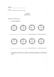 English worksheet: Combined exercises. Time. Numbers. Prepositions. There is/are.
