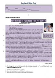 English Worksheet: Test - Telemedicine: Futuristic care for seniors 