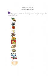 English worksheet: Going to the supermarket. Learning about foods.