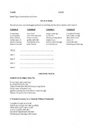 English worksheet: split poems-creative poem writing