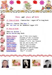 English Worksheet: Dates and places of birth : 10 famous celebrities  