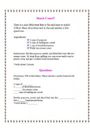 English worksheet: Snack Cones Recipe