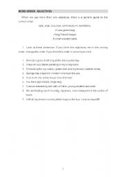 English Worksheet:  ADJECTIVES: WORD ORDER AND PREPOSITIONS