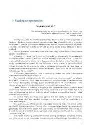 English Worksheet: Cloning reading comprehension and grammar test