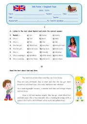 English Worksheet: Test about parts of the body, clothes, describing people_part I