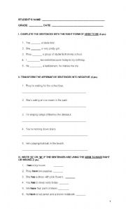 English worksheet: verb to be and verb to have