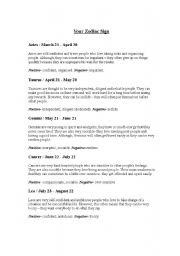 English Worksheet: Personality Traits of the Zodiac.