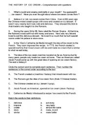 English Worksheet: THE  HISTORY  OF  ICE  CREAM  -  A  DELICIOUS COMPREHENSION TEST