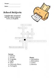 English Worksheet: School Subjects - Crossword