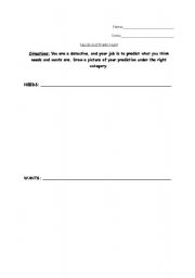 English worksheet: Needs and Wants Hunt