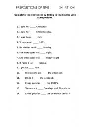 English worksheet: Prepositions of time