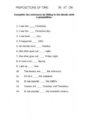 English Worksheet: Prepositions of time