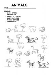 English Worksheet: wild animals and colours