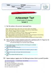 English Worksheet: Grammar Test on CONDITIONALS     2 Variants +  Keys 