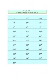 English worksheet: Teachers ordinal numbers key chart