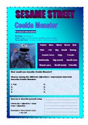 English worksheet: ADJECTIVES (DESCRIPTIONS) - COOKIE MONSTER 