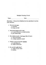 English Worksheet: Multiple meaning words