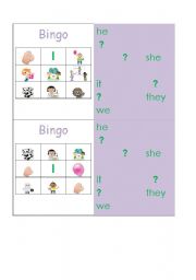 English worksheet: Personal Pronoun Bingo (cards 1-2 of 4) with backing for YLs