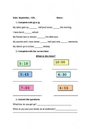 English worksheet: Prepostions, time and simple present