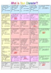 QUIZ: What Is Your Character?  Useful in many ways. Interesting structure which will make your ss read  and  THINK in English, isnt it important?! 2 pages.