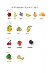 English worksheet: whats your favourite fruit?(fruits&colours)