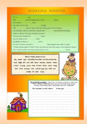 English Worksheet: Horrible MONSTER (Adjectives, Adverbs, Describe... - 3__PAGES, 9__exercises)