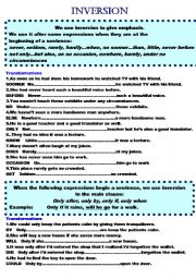 English Worksheet: INVERSION  (3 pages)+a key