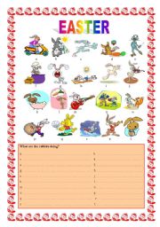 English Worksheet: EASTER-present continuous-What are the rabbits doing?