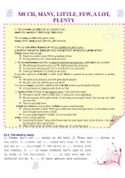 English Worksheet: Much, many, little, few, a lot, plenty  (2 pages) with theory and different ex-s