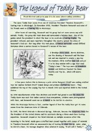 THE LEGEND OF TEDDY BEAR- READING COMPREHENSION (2 pages + 2 pages of B&W version)