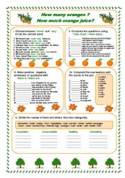 English Worksheet: How many oranges?How much orange juice?