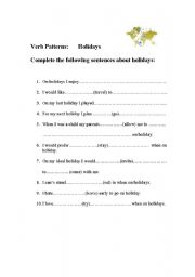 English worksheet: Verb patterns: holidays