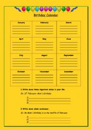 English Worksheet: Birthday Calendar