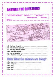 English Worksheet: IS THERE -ARE THERE? LOOK AT THE PICTURE AND WRTE WHAT ARE THEY DONG?