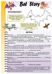 English Worksheet: BAT STORY - READING (PAST SIMPLE GAP FILLING) + DIFFERENT ACTIVITIES (2 pages) for upper-elementary and pre-intermediate students