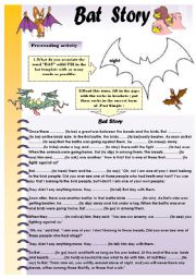 BAT STORY - READING (PAST SIMPLE GAP FILLING) + DIFFERENT ACTIVITIES (2 pages) for upper-elementary and pre-intermediate students