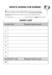 English Worksheet: WHOS COMING FOR DINNER (class activity) part 2