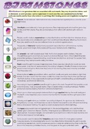 English Worksheet: BIRTHSTONES! - READING + YOUR BIRTHSTONE PERSONALITY QUIZ (2 pages)